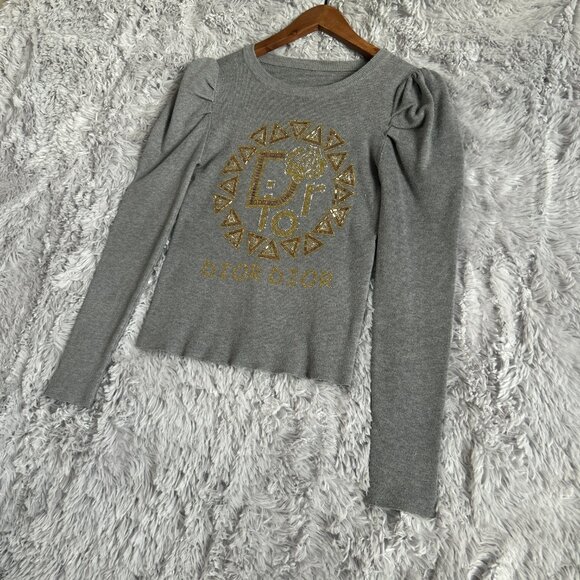 Dior Sweater Womens Small Gray Beaded Rhinestone Logo Puff Sleeve Knit Pullover - Picture 10 of 10